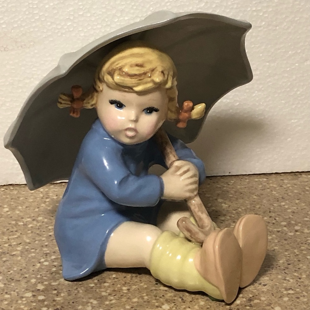 Porcelain Figurine Girl with Umbrella - Blue Dress, Blond Hair